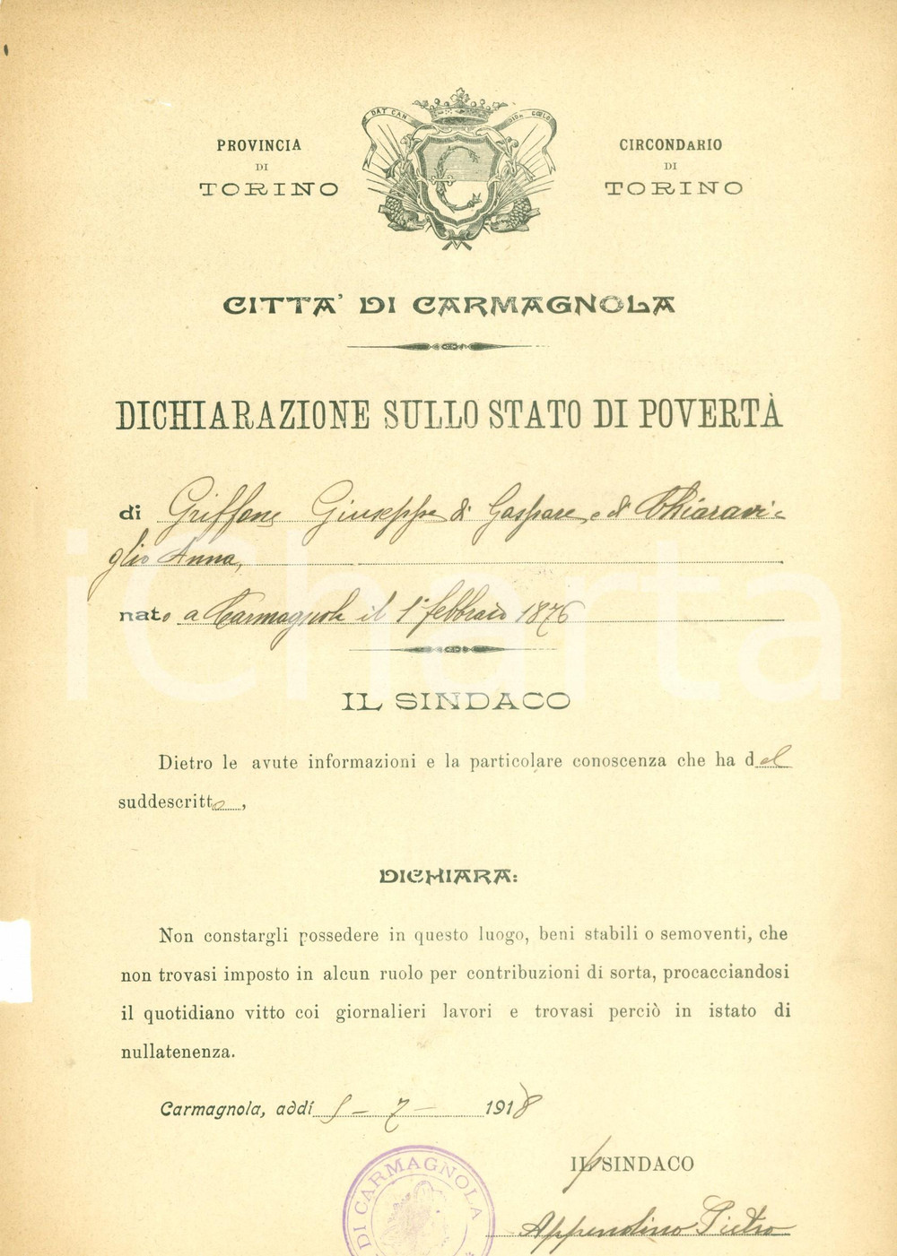 Documento originale, autentico 1918 CARMAGNOLA TO Stato di povertÃ  di Giuseppe GRIFFONE Documento 1