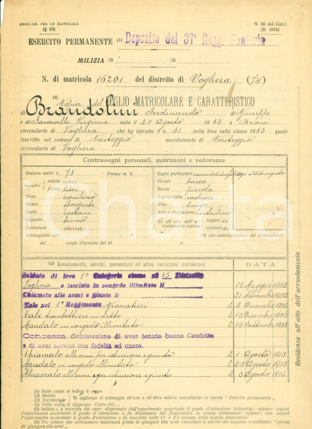 Documento originale, autentico 1917 CASTEGGIO PV WW1 Soldato Ferdinando BRANDOLINI Foglio matricolare 1