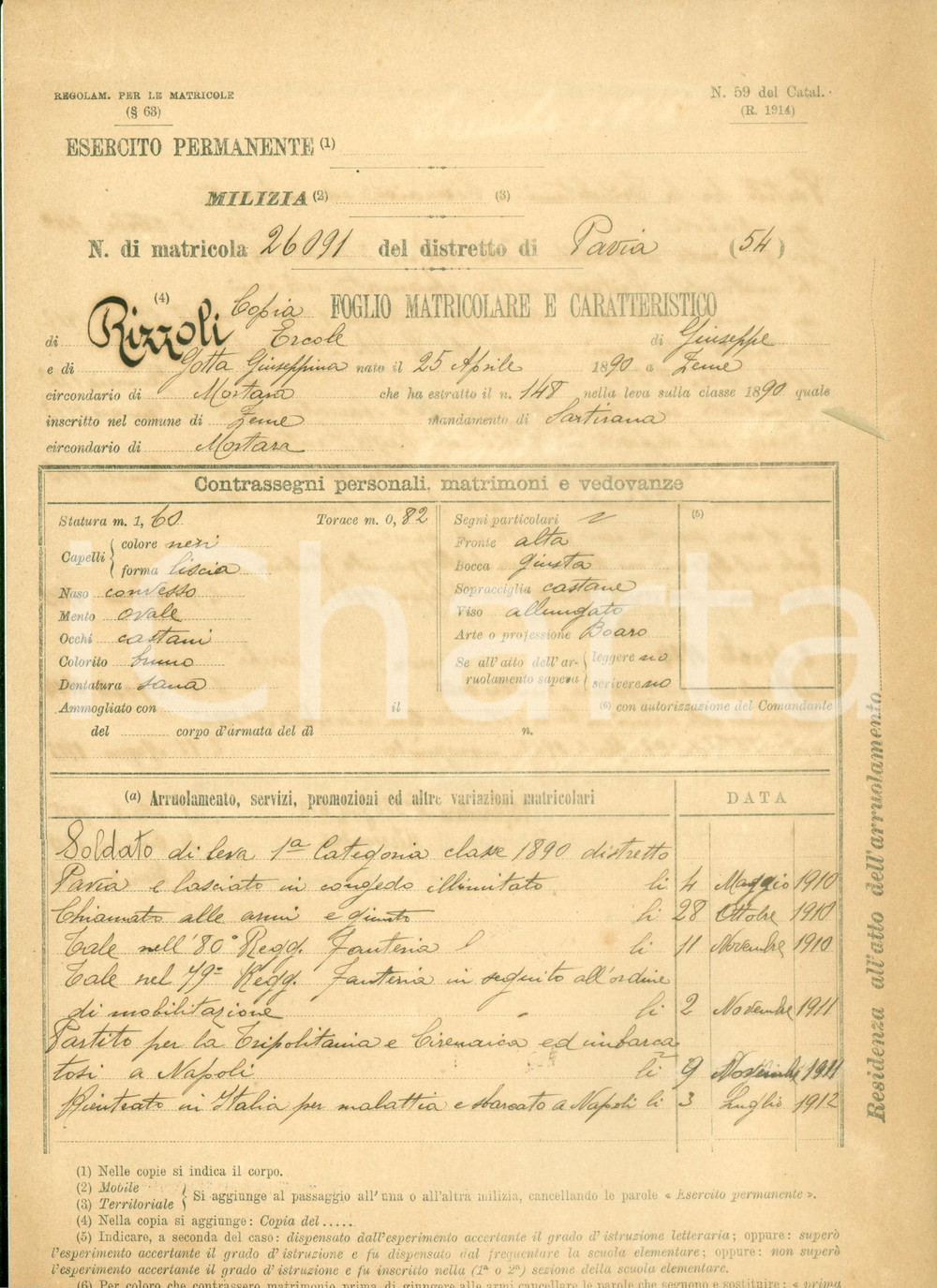 Documento originale, autentico 1915 MORTARA PV WW1 Soldato Ercole RIZZOLI Foglio matricolare 1