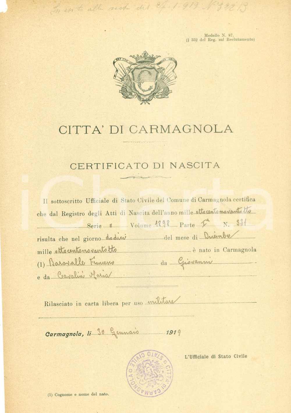 Documento originale, autentico 1919 CARMAGNOLA TO Certificato di nascita di Francesco BARAVALLE Documento 1