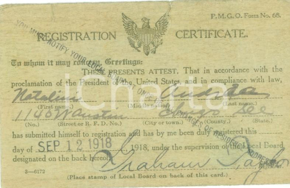 Oggetto da collezione cartaceo 1918 CHICAGO, ILLINOIS USA Registrazione immigrato Andrea NATALINI Tessera 1