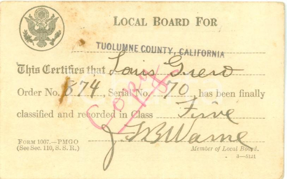 Oggetto da collezione cartaceo 1918 SONORA, CALIFORNIA USA Registrazione immigrato Louis GRECO Tessera 1