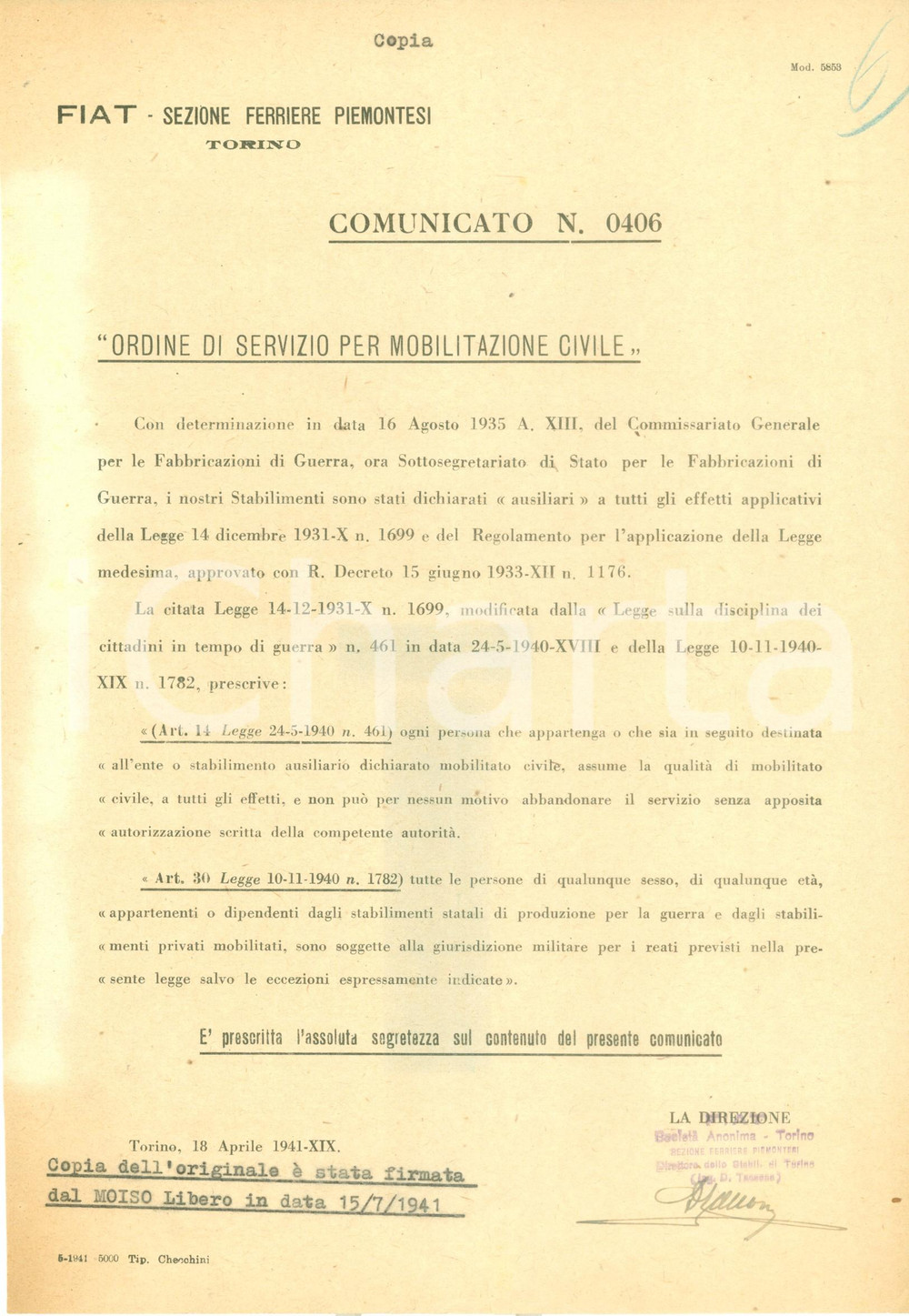 Documento originale, autentico 1941 TORINO FIAT Sezione Ferriere Piemontesi Ordine Mobilitazione Civile SEGRETO 1
