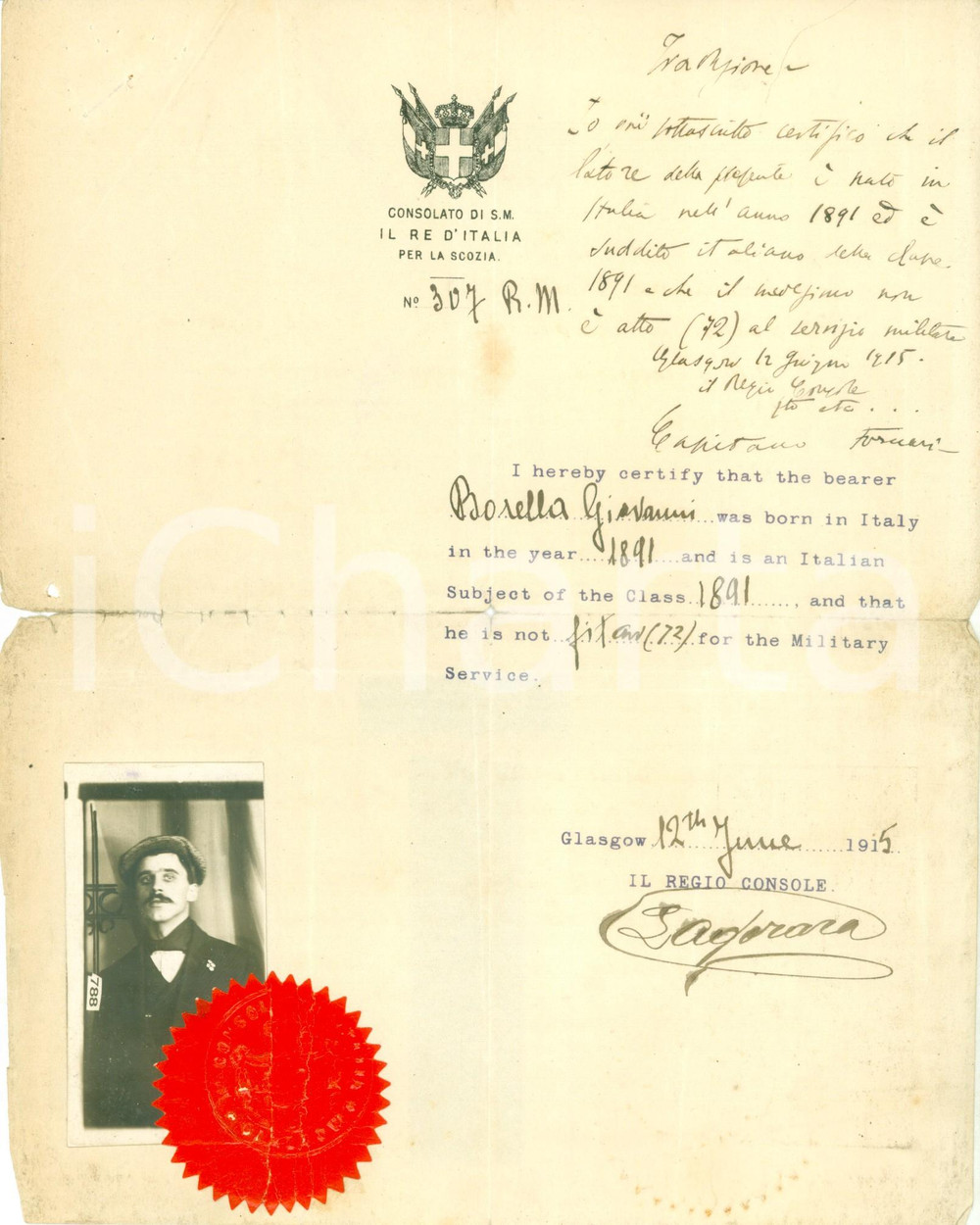 Documento originale, autentico 1915 GLASGOW SCOTLAND WW1 Giovanni BORELLA inadatto alla vita militare Foto 1