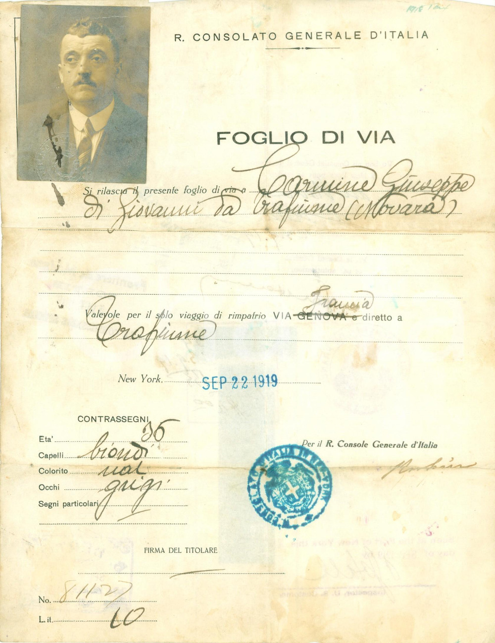 Documento originale, autentico 1919 NEW YORK Foglio di via di Giuseppe CARMINE di TRAFFIUME con fotografia 1