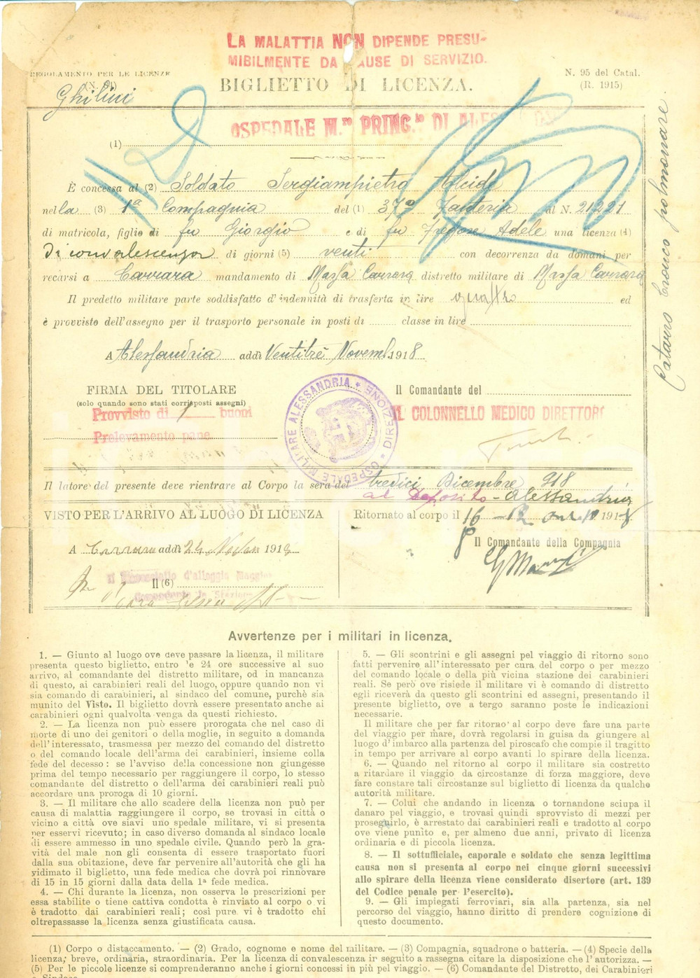 Documento originale, autentico 1918 ALESSANDRIA WW1 Licenza soldato Alcide SERGIAMPIETRO Ospedale Militare 1