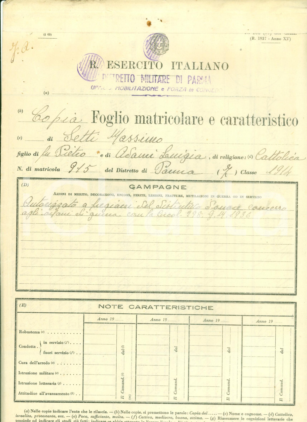 Documento originale, autentico 1934  1944 BERCETO PR Foglio matricolare soldato Massimo SETTI 1