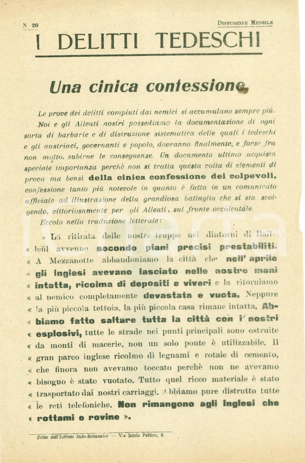 Documento originale, autentico 1918 WW1 Cinici delitti tedeschi durante la distruzione di BAILLEUL Volantino 1