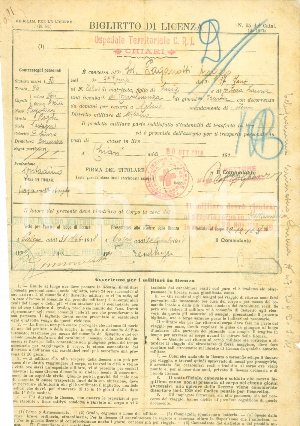 Documento originale, autentico 1918 CHIARI BS WW1 Ospedale C.R.I. Licenza ad Angelo PAGANOTTI DANNEGGIATO 1