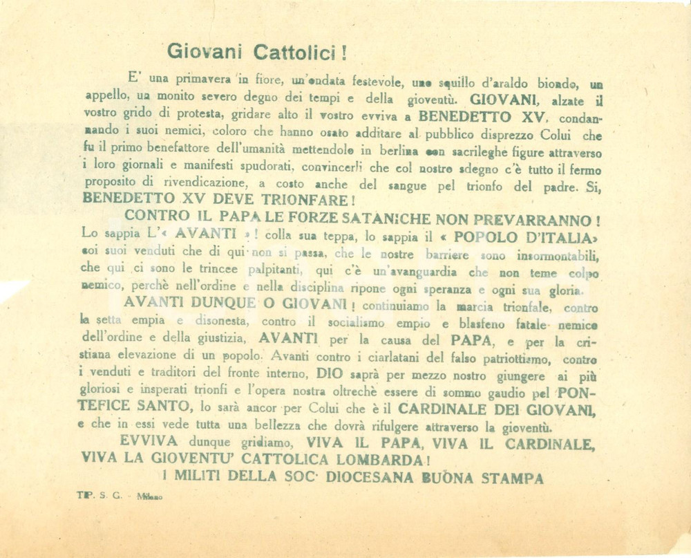 Documento originale, autentico 1915 ca MILANO Contro BENEDETTO XV il socialismo non prevarrà Volantino 1