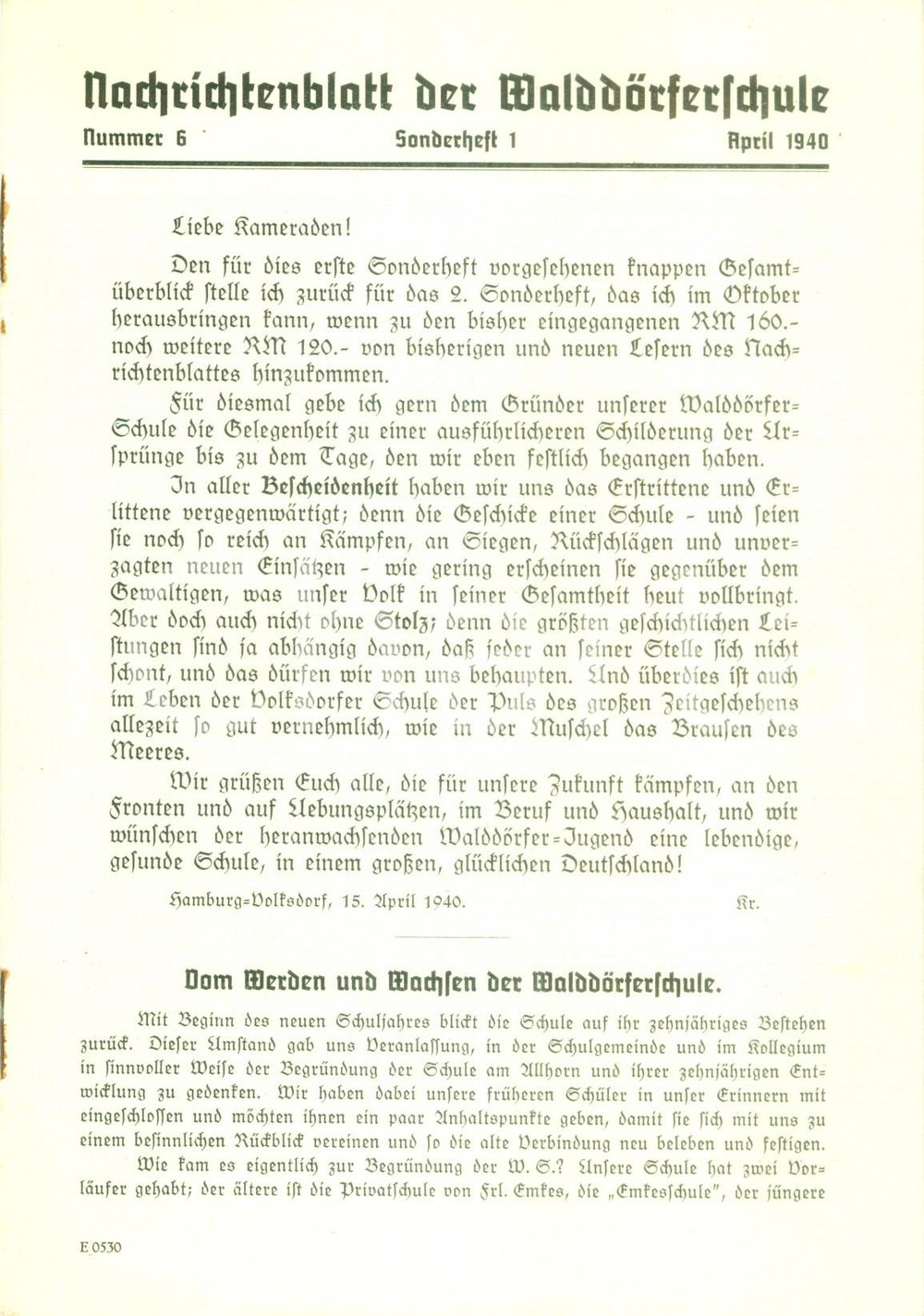 Documento originale, autentico 1940 HAMBURG DE Nachrichtenblatt der WALDDORFERSCHULE Pubblicazione 1