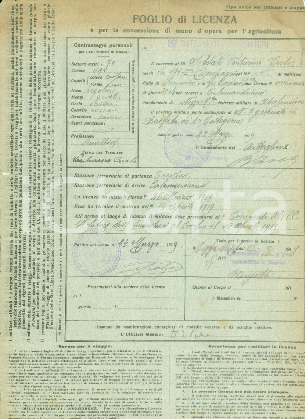 Documento originale, autentico 1919 ALESSANDRIA Licenza per mano d opera agricola Carlo VENTURINI DANNEGGIATO 1