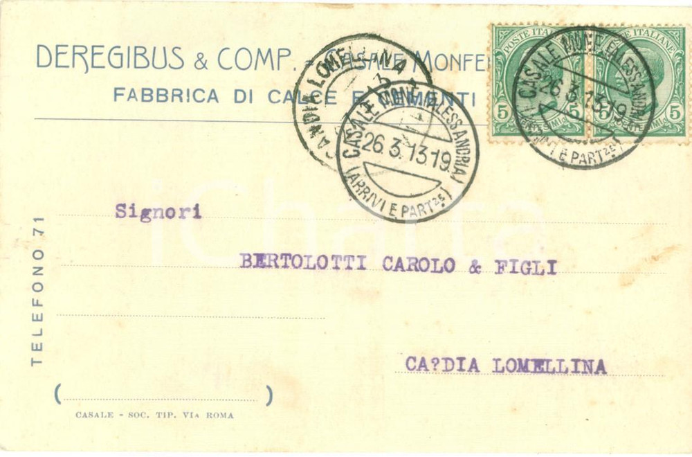 Cartolina originale da collezione 1913 CASALE MONFERRATO AL Fabbrica calce e cementi DEREGIBUS & COMP. Cartolina 1