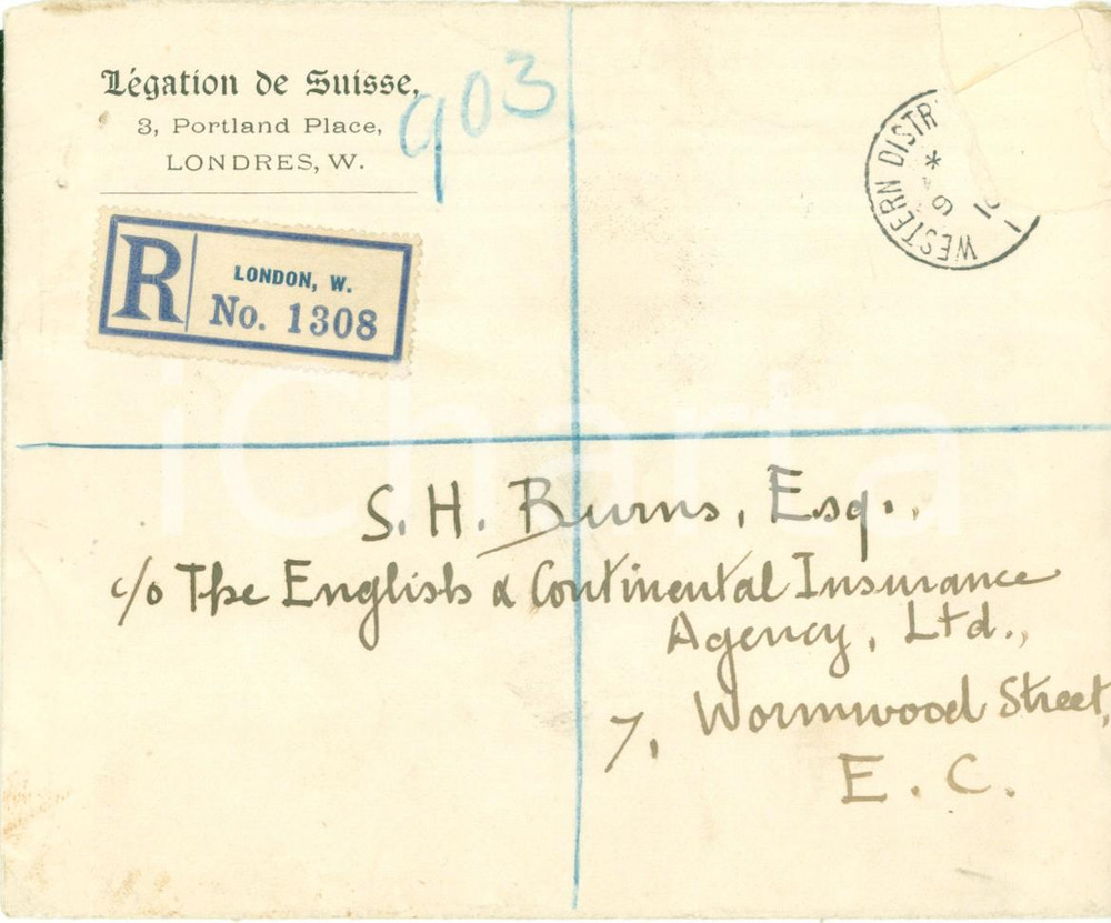 Documento originale, autentico 1916 LONDON LÃ©gation de SUISSE Busta viaggiata intestata priva di contenuto 1