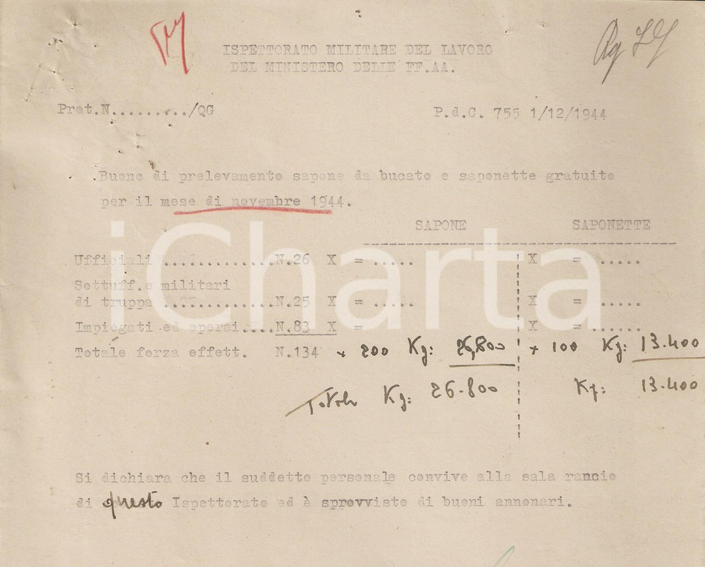 Documento originale, autentico 1944 BRESCIA RSI P.d.C. 755 Sapone e saponette gratuite per gli ufficiali 1