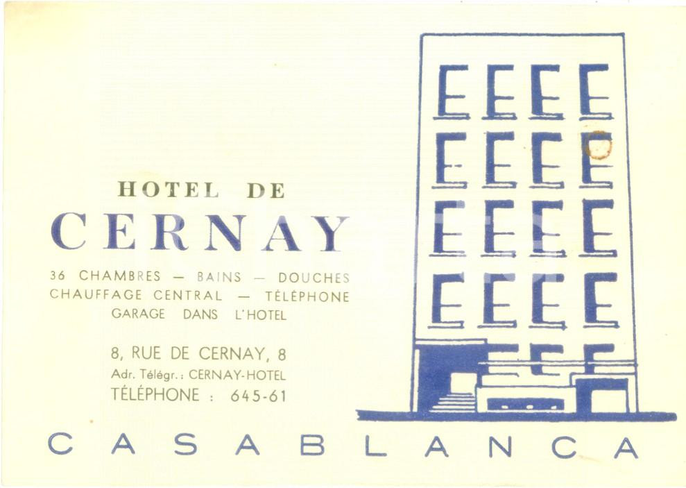 Materiale pubblicitario d’epoca 1945 ca CASABLANCA MAROCCO Hotel DE CERNAY Biglietto pubblicitario ILLUSTRATO 1