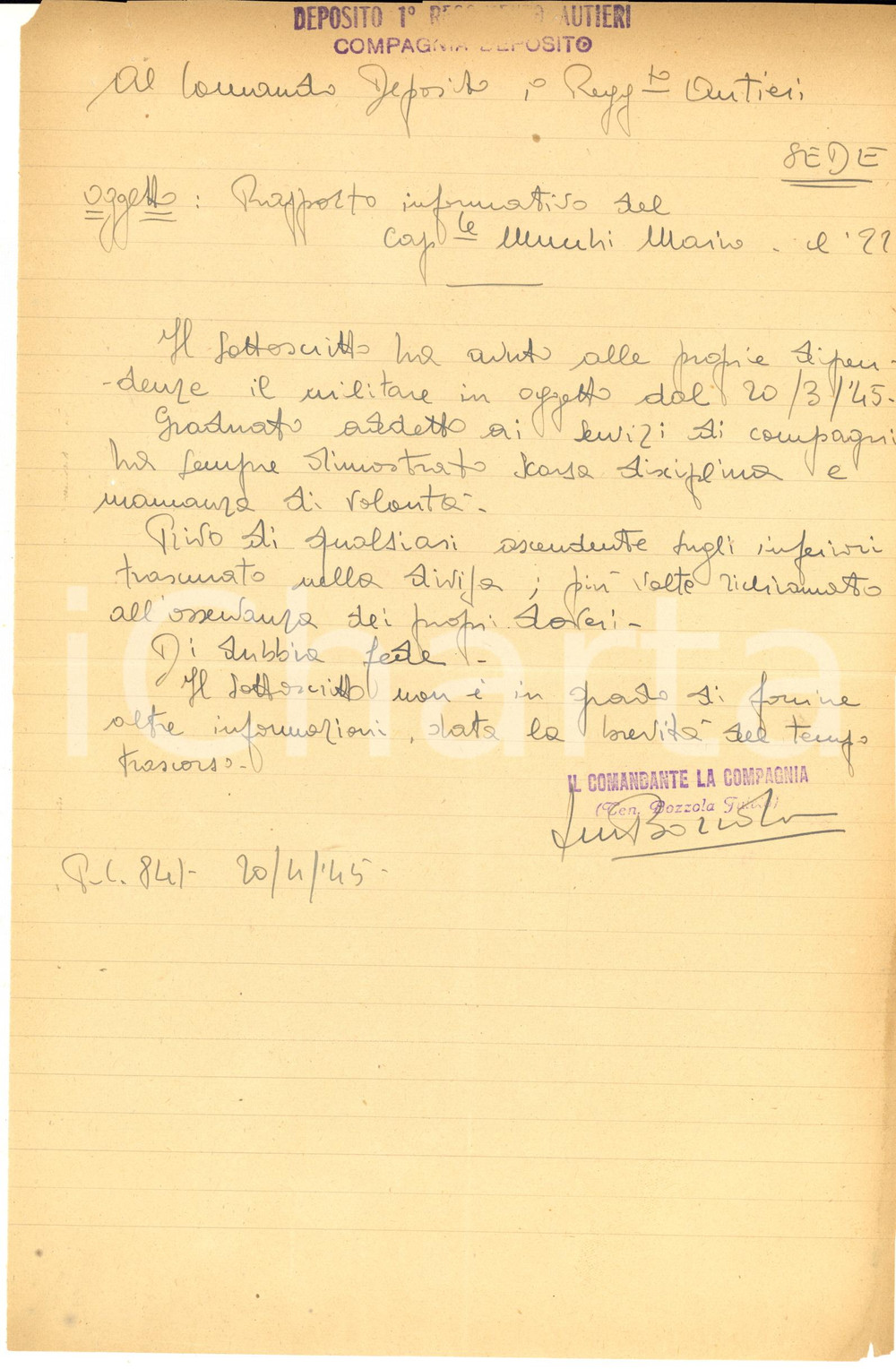 Documento originale, autentico 1945 TORINO RSI 1Â° Reggimento Autieri Mario MUCCHI dimostra scarsa disciplina 1