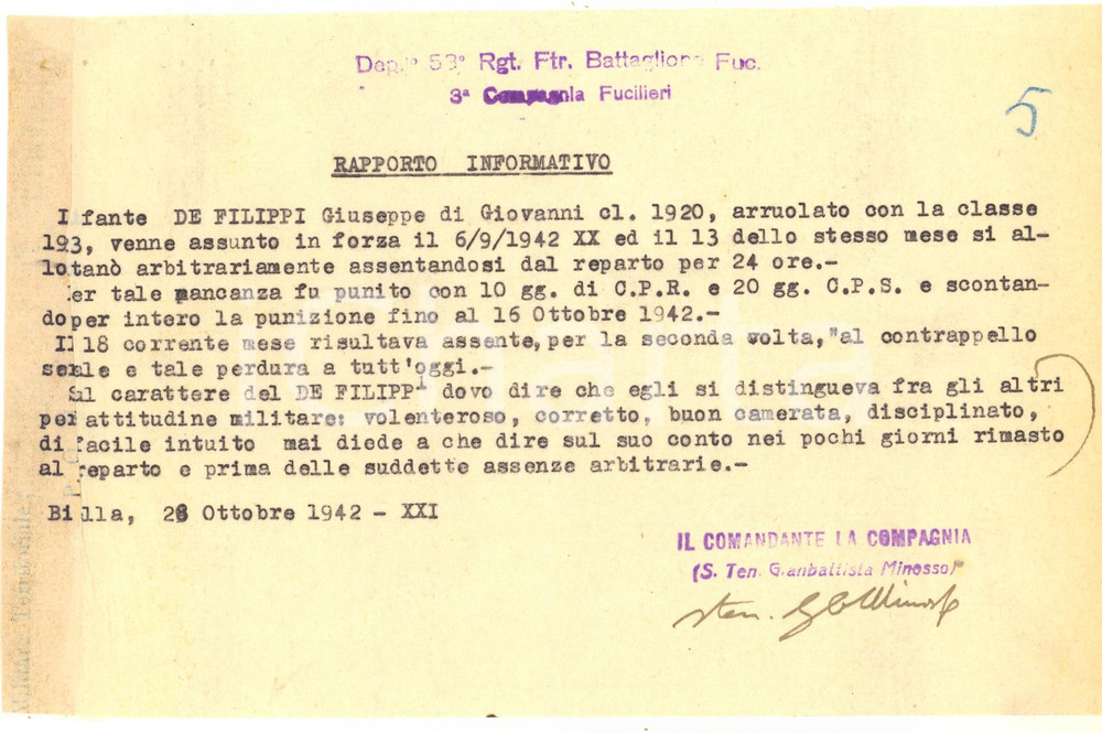 Documento originale, autentico 1942 BIELLA WW2Fante Giuseppe DE FILIPPI volenteroso e buon camerata Documento 1