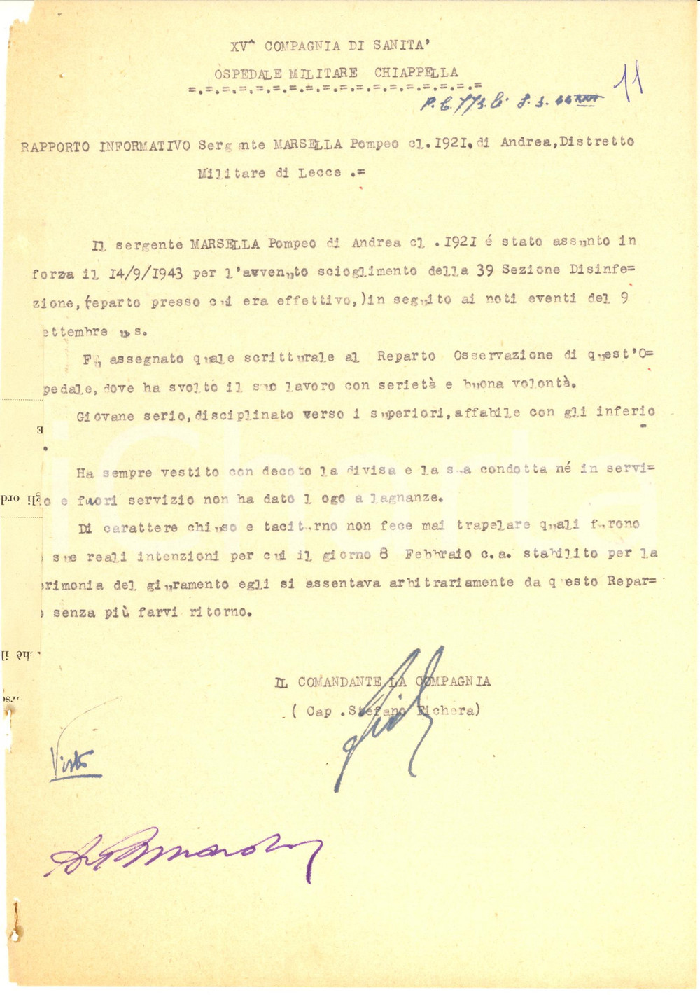 Documento originale, autentico 1944 GENOVA RSI Sergente Pompeo MARSELLA scappa da Ospedale Militare CHIAPPELLA 1