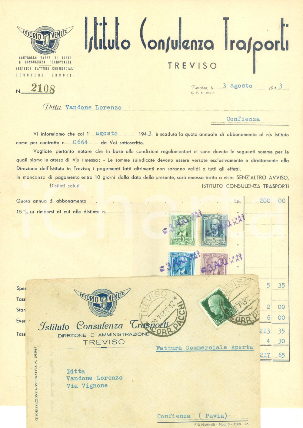 Documento originale, autentico 1943 TREVISO Istituto Consulenza Trasporti Fattura commerciale intestata 1