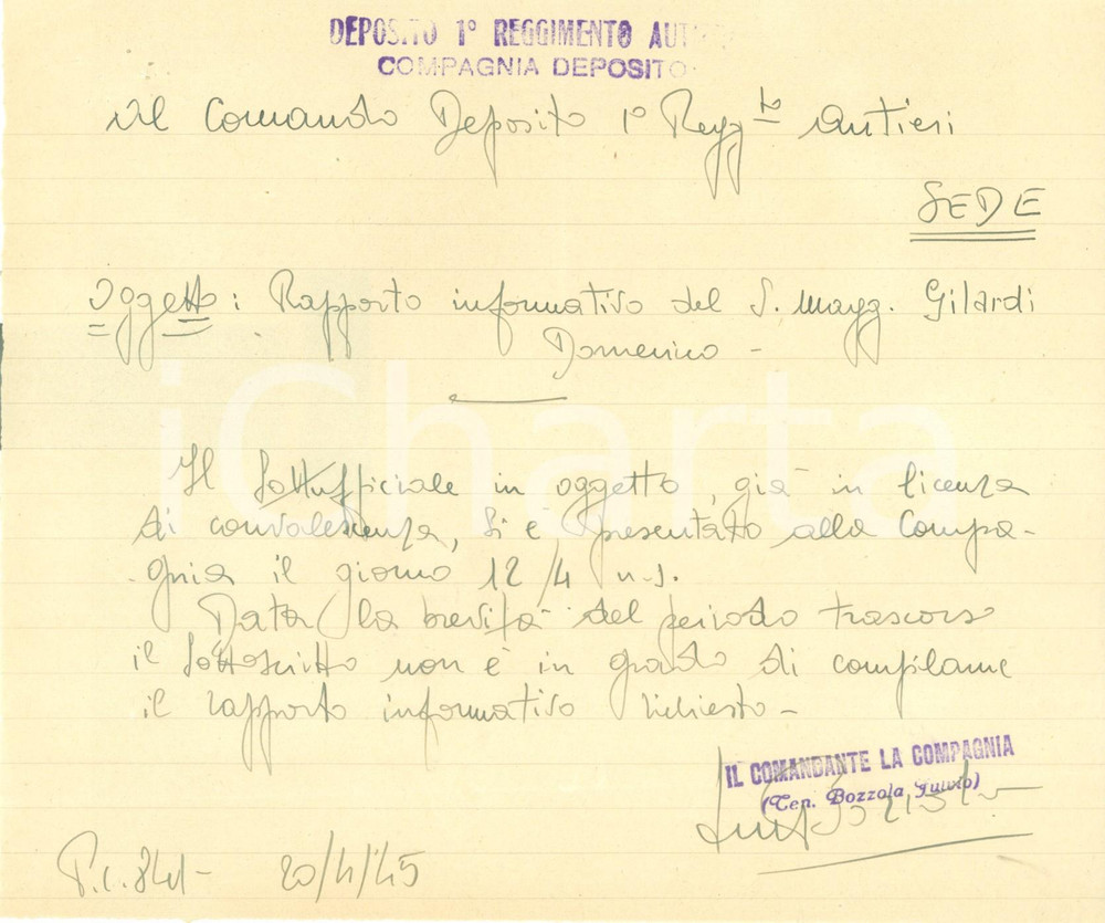 Documento originale, autentico 1945 TORINO RSI Sergente Domenico GILARDI in licenza di convalescenza Documento 1