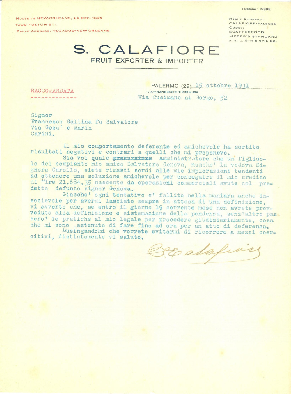 Documento originale, autentico 1931 PALERMO Ditta CALAFIORE Fruit Exporter & Importer sollecita pagamenti 1