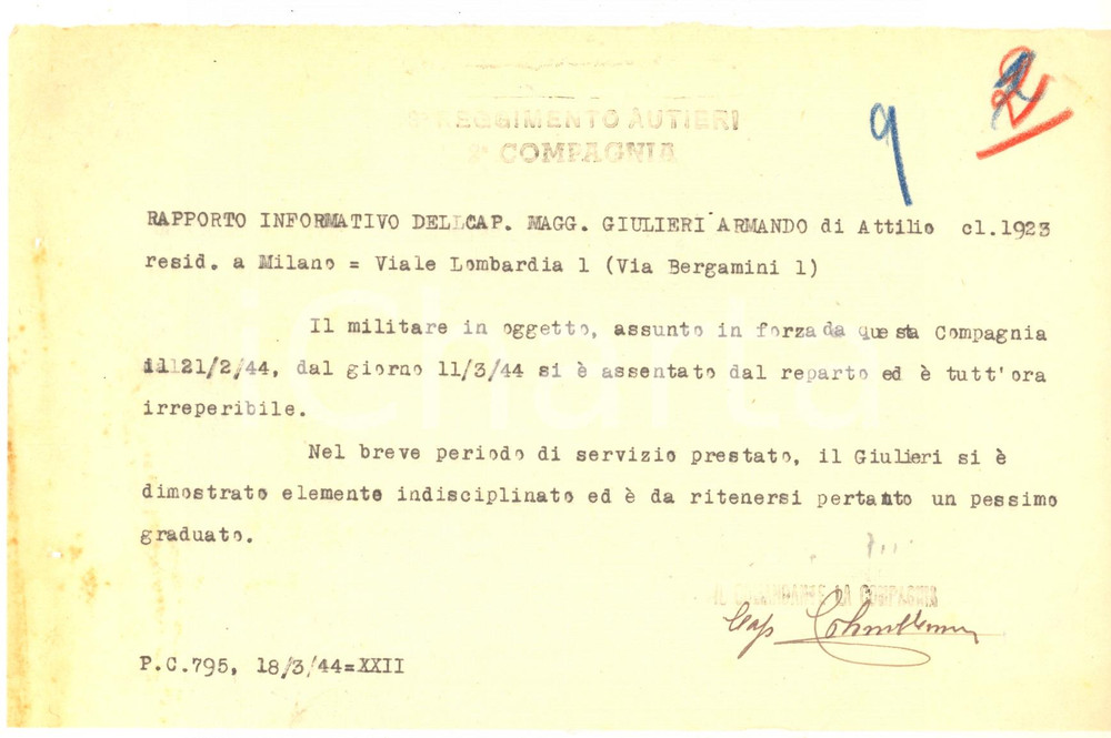 Documento originale, autentico 1944 MILANO RSI Il Capitano Armando GIULIERI Ã¨ un pessimo graduato Documento 1
