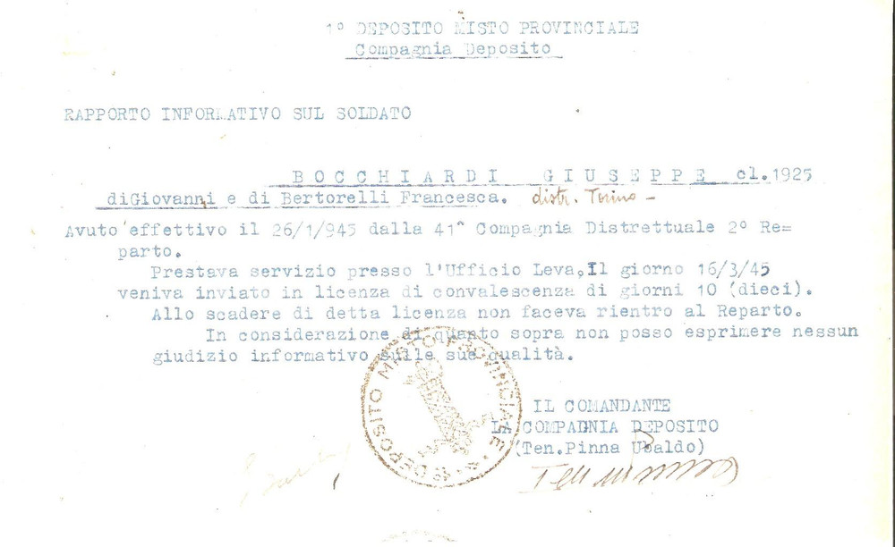 Documento originale, autentico 1945 TORINO RSI Soldato Giuseppe BOCCHIARDI non rientra dalla licenza Documento 1