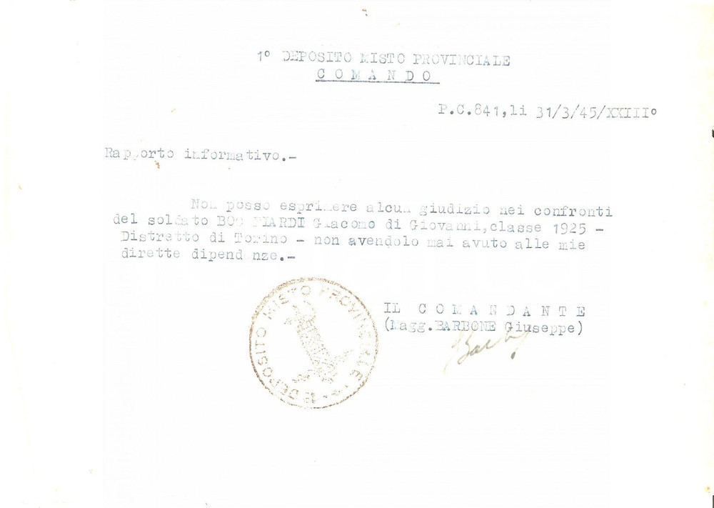Documento originale, autentico 1945 TORINO RSI Nessun giudizio sul soldato Giacomo BOCCHIARDI Documento 1