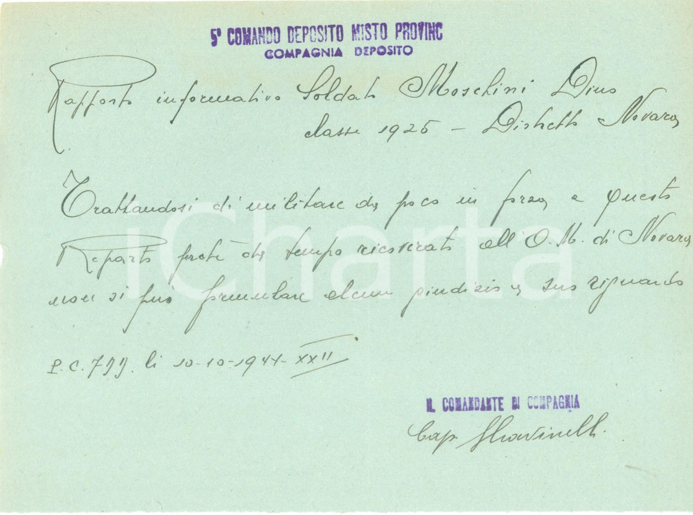 Documento originale, autentico 1944 NOVARA RSI Soldato Dino MOSCHINI da poco in forza al 5Â° Deposito Misto 1