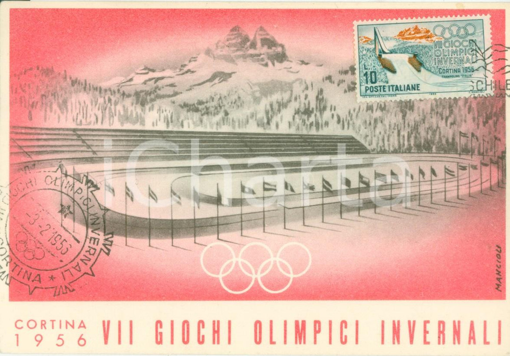 Cartolina originale da collezione 1956 CORTINA D AMPEZZO BL VII Giochi Olimpici Invernali Annullo filatelico 1