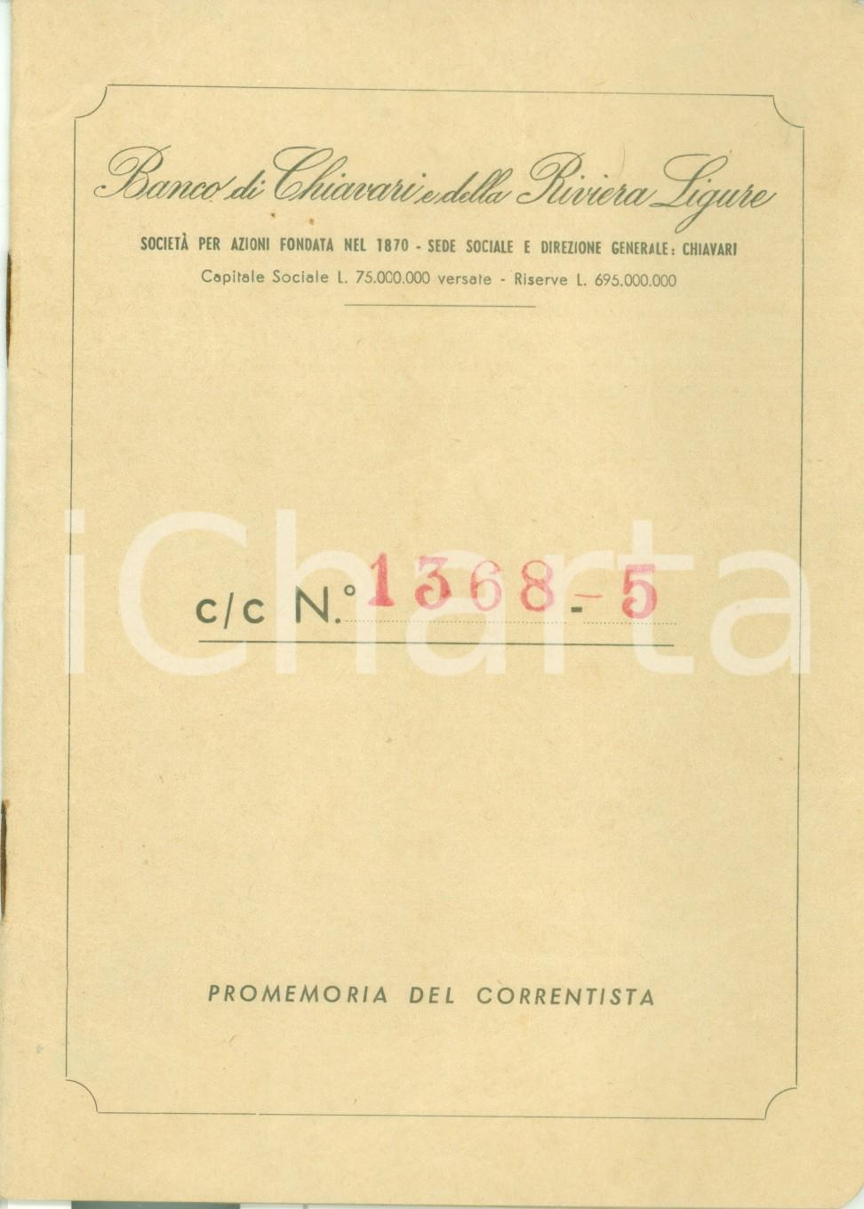 Documento originale, autentico 1962 BANCO DI CHIAVARI Promemoria operazioni del correntista Libretto bancario 1