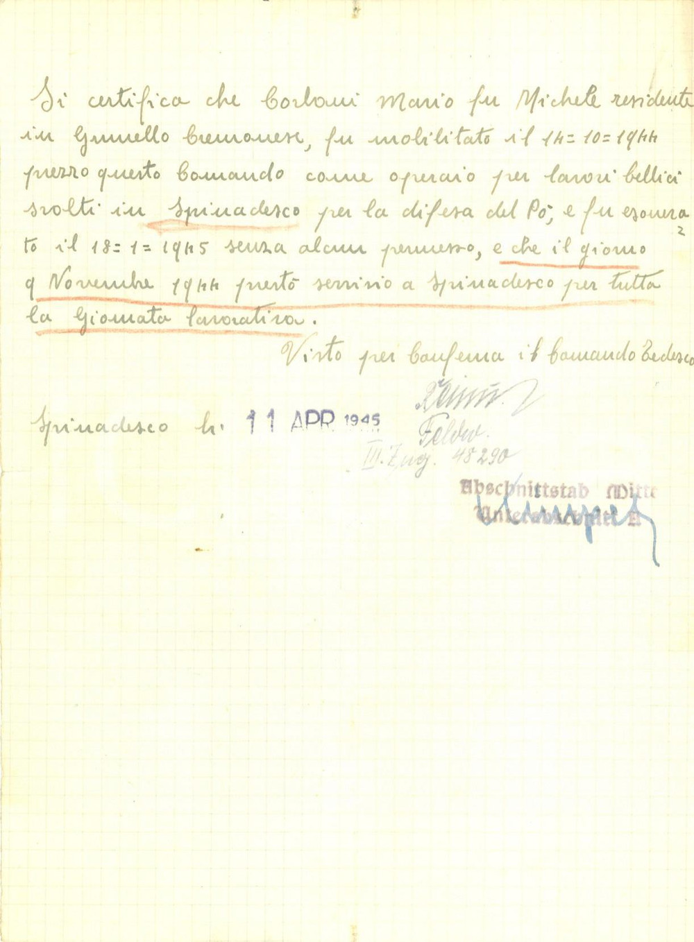 Documento originale, autentico 1945 SPINADESCO CR RSI Mario CARLONI mobilitato come operaio per lavori al PO 1
