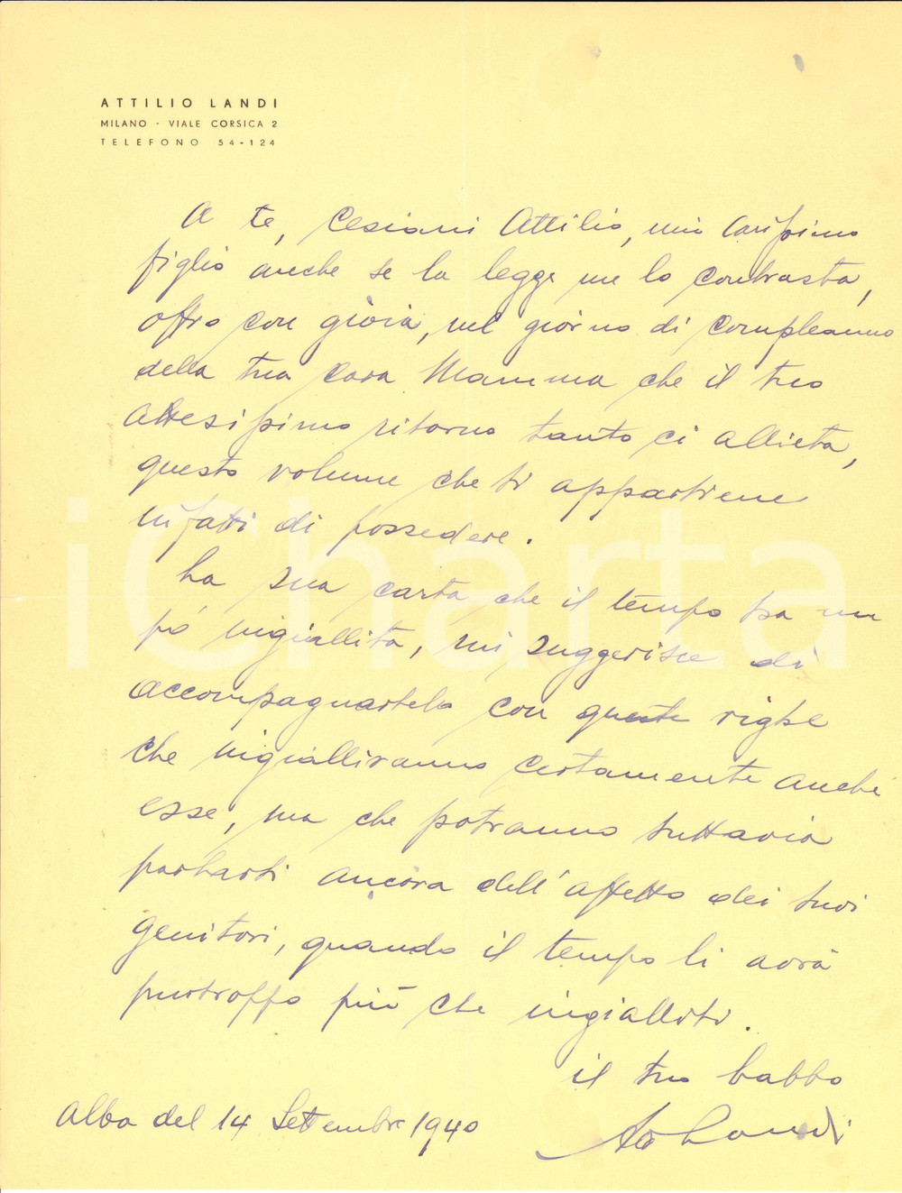 Autografo originale 1940 MILANO Attilio LANDI invia un volume Lettera AUTOGRAFA 1