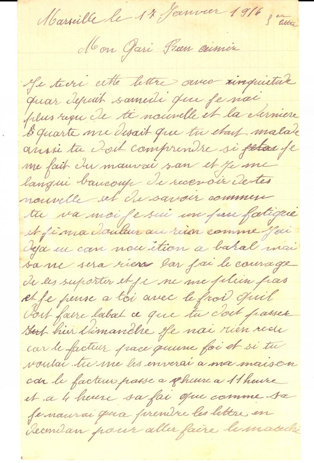 Manoscritto, lettera originale 1916 WW1 MARSEILLE F Jeanne BRENZA preoccupata per il marito lontano Lettera 1