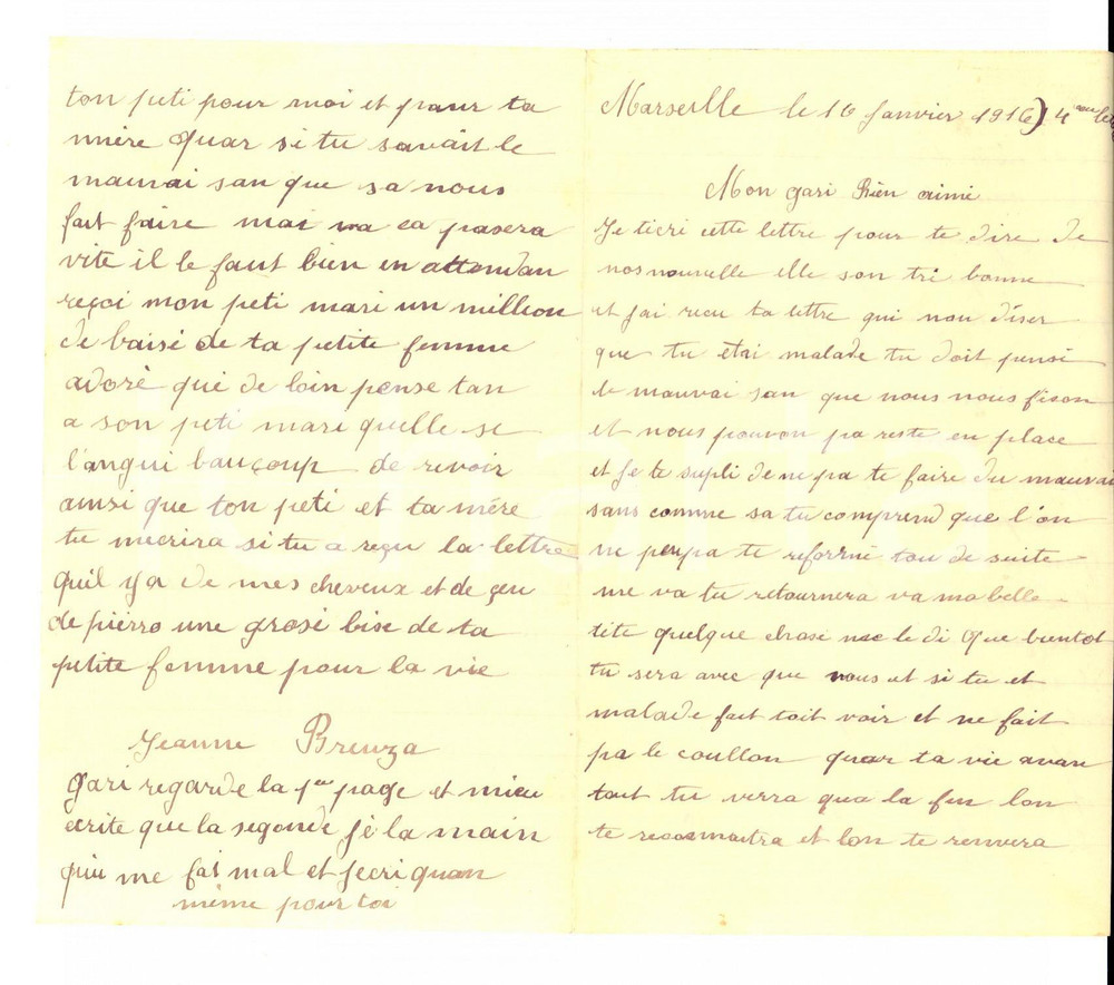 Manoscritto, lettera originale 1916 WW1 MARSEILLE F Jeanne BRENZA preoccupata per il marito malato Lettera 1