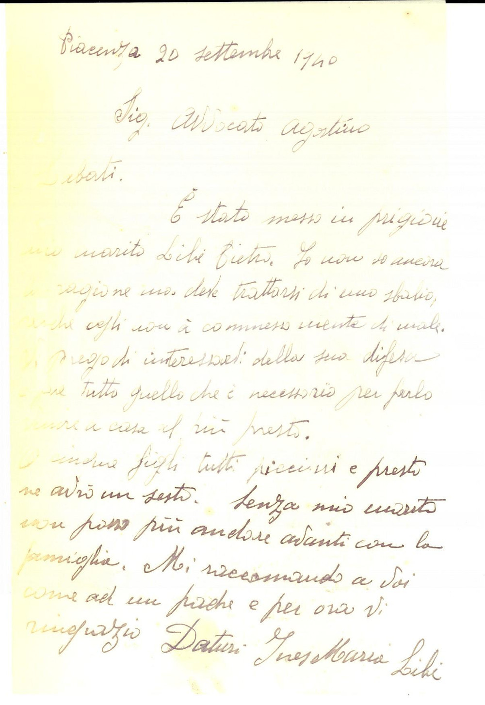 Manoscritto, lettera originale 1940 PIACENZA Ines Maria DATURI difende il marito Pietro LIBI in carcere 1