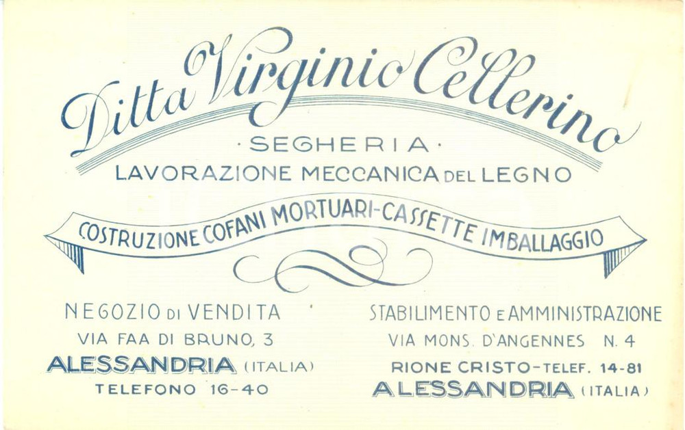 Materiale pubblicitario d’epoca 1930 ca ALESSANDRIA Ditta Virginio CELLERINO Segheria cofani mortuari Biglietto 1