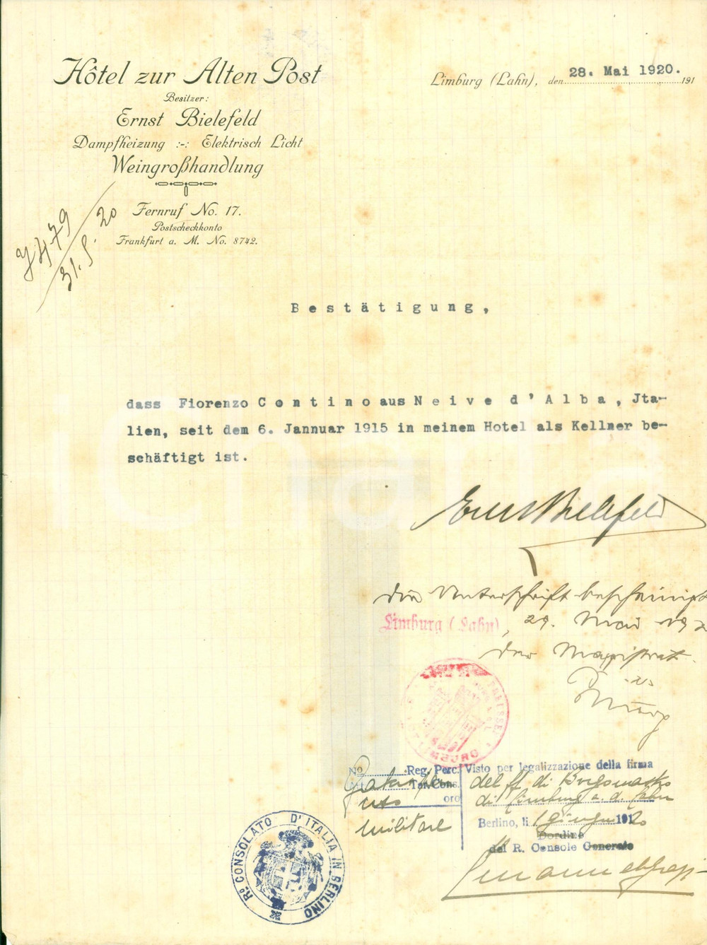 Documento originale, autentico 1920 LIMBURG AN DER LAHN DE Fiorenzo CONTINO cameriere Hotel ZUR ALTEN POST 1