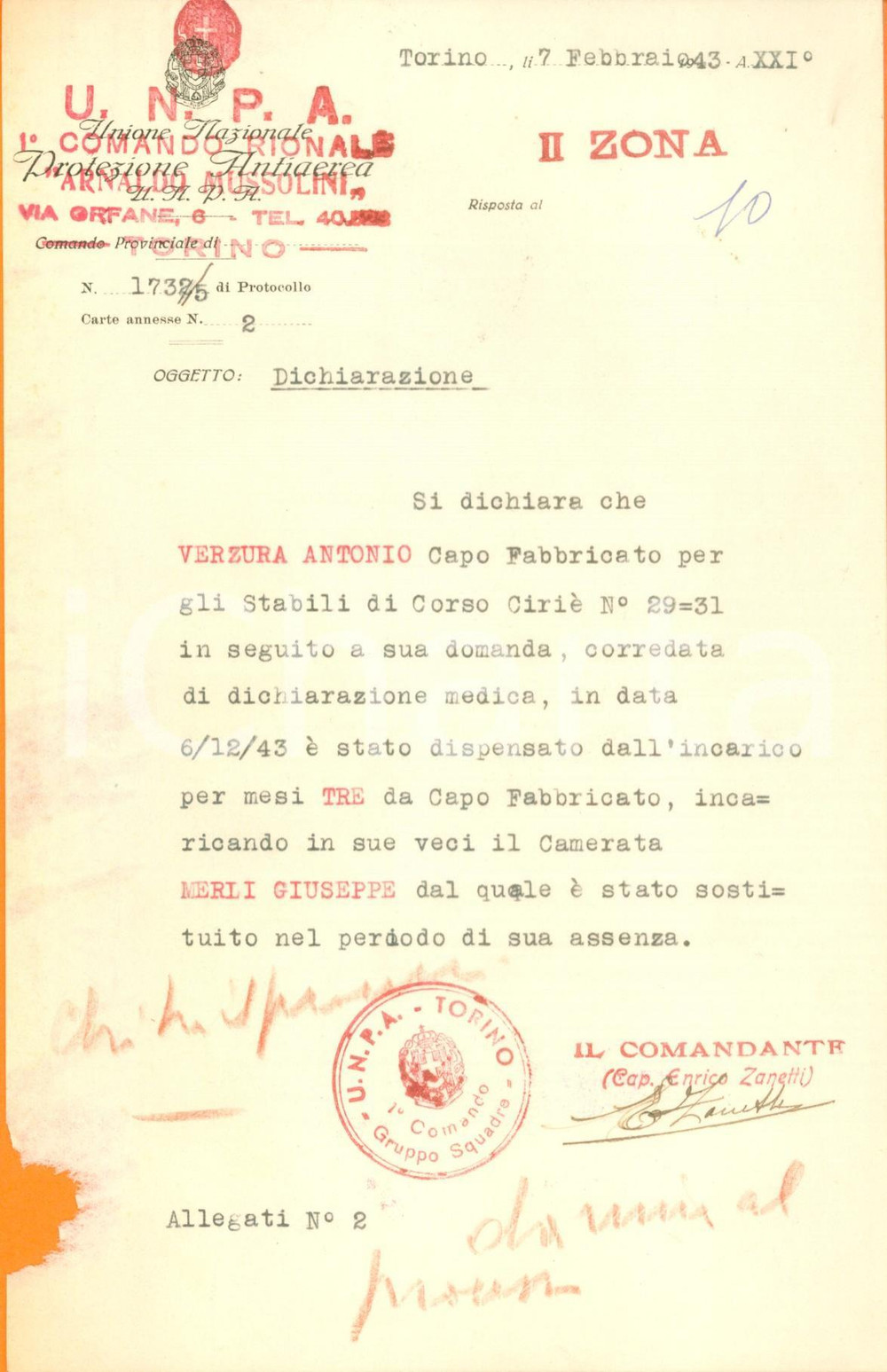 Documento originale, autentico 1943 TORINO Antonio VERZURA dispensato da Unione Nazionale Protezione Antiaerea 1