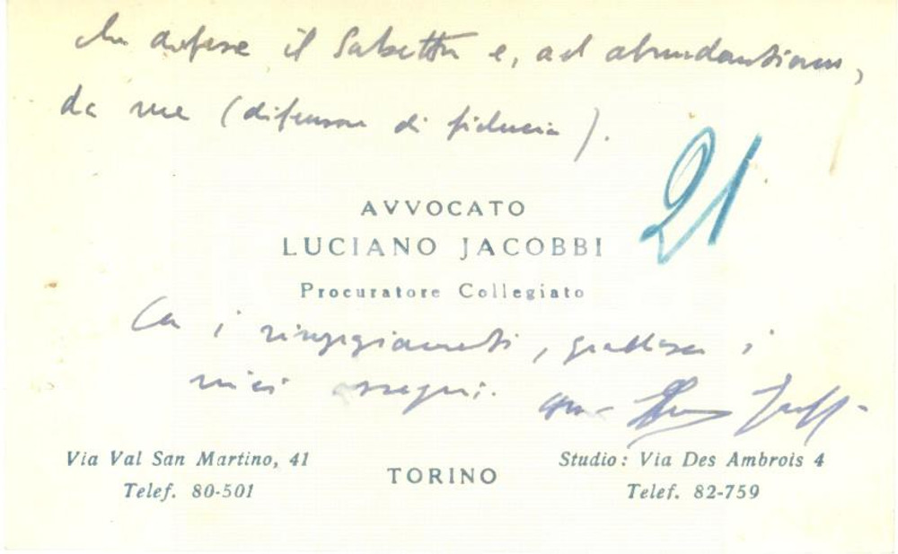 Oggetto da collezione cartaceo 1960 ca TORINO Avvocato Luciano JACOBBI Procuratore Collegiato Biglietto 1