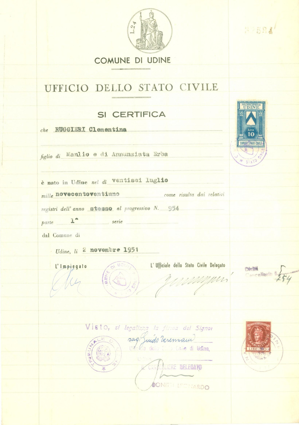 Documento originale, autentico 1951 UDINE Certificato di nascita di Clementina RUGGIERI Documento 1