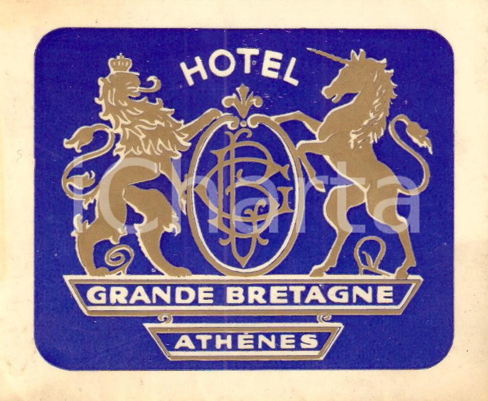 Materiale pubblicitario d’epoca 1970 ca ATENE Hotel GRANDE BRETAGNE Adesivo pubblicitario ILLUSTRATO 1
