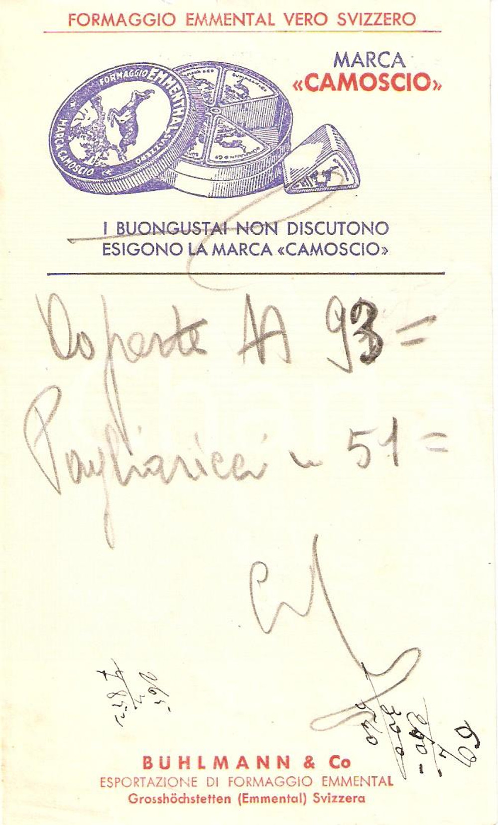 Materiale pubblicitario d’epoca 1960 GROSSHOCHSTETTEN SVIZZERA Buhlmann esportazione EMMENTAL Marca camoscio 1