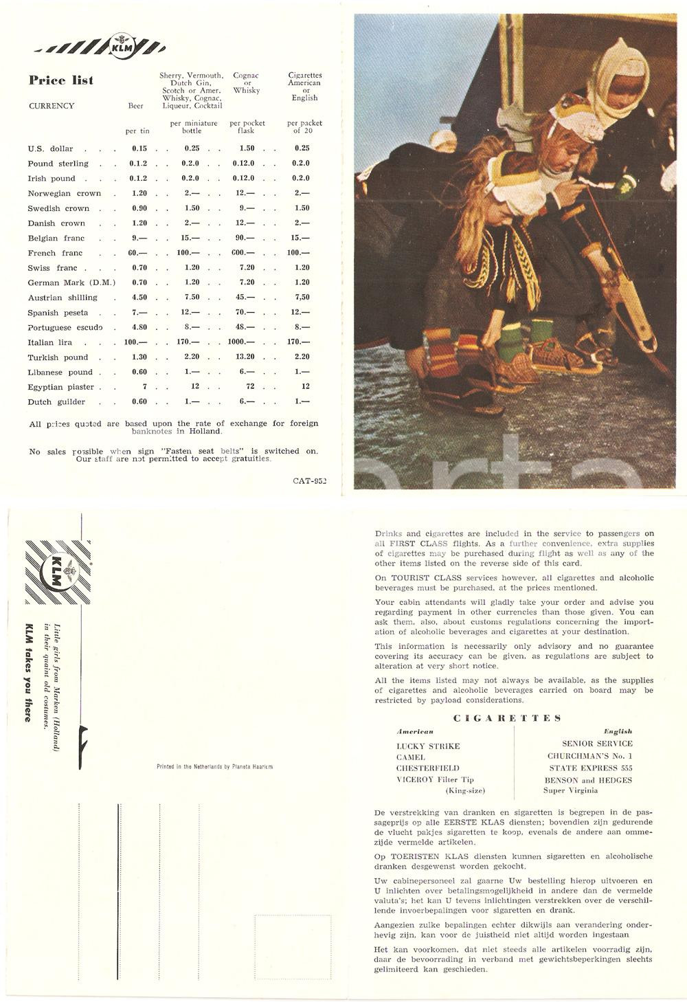 Cartolina originale da collezione 1952 KLM Royal Dutch Airlines Drinks and cigarettes price list Cartolina 1