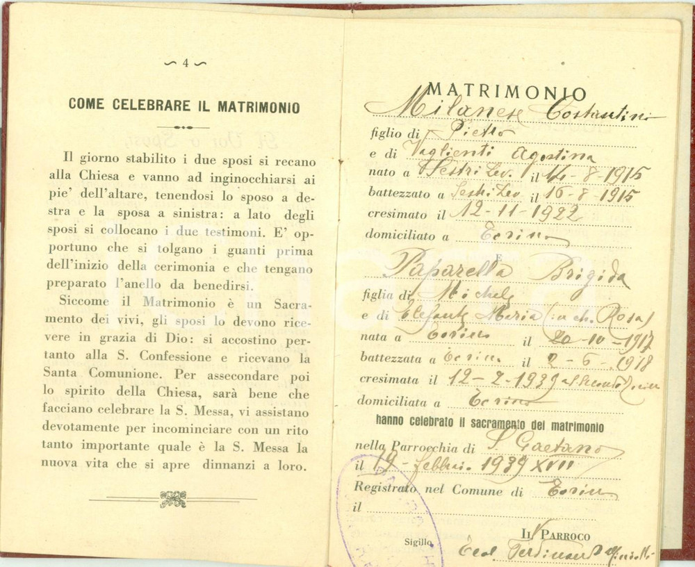 Documento originale, autentico 1939 TORINO Parrocchia SAN GAETANO Nozze Costantino MILANESE Agostina VAGLIENTI 1