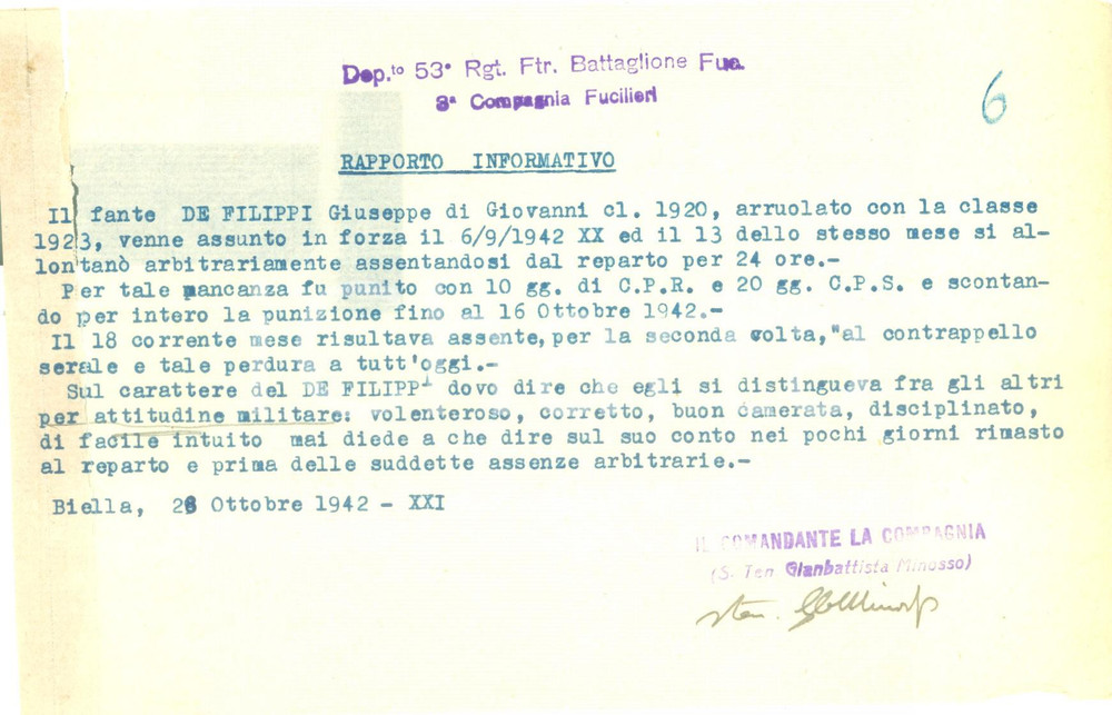 Documento originale, autentico 1942 BIELLA 53Â° Reggimento Fucilieri Giuseppe DE FILIPPI assente all appello 1