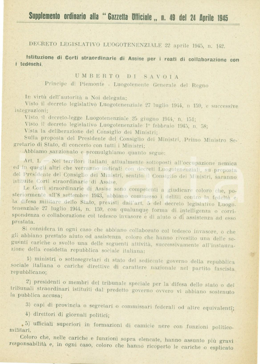 Documento originale, autentico 22 APRILE 1945 Istituzione di corti straordinarie collaborazionismo con tedeschi 1