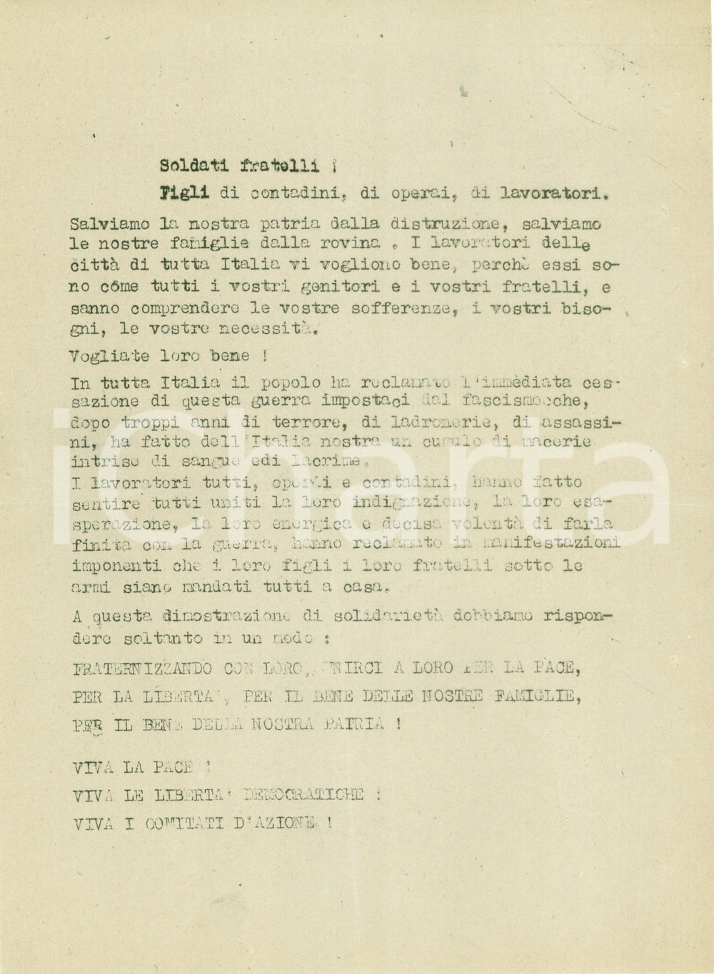 Documento originale, autentico 1945 PROPAGANDA ANTIFASCISTA Lavoratori uniti contro Fascismo e guerra Volantino 1
