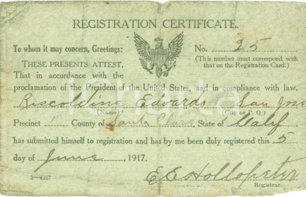 Oggetto da collezione cartaceo 1917 SANTA CLARA, CALIFORNIA USA Registrazione immigrato Edoardo RISCALDINA 1